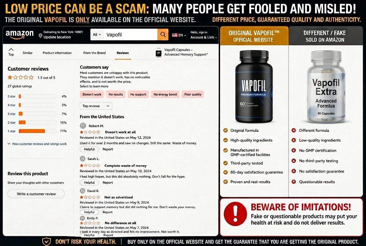 Negative reviews and counterfeit marketplace warning for VapoFil