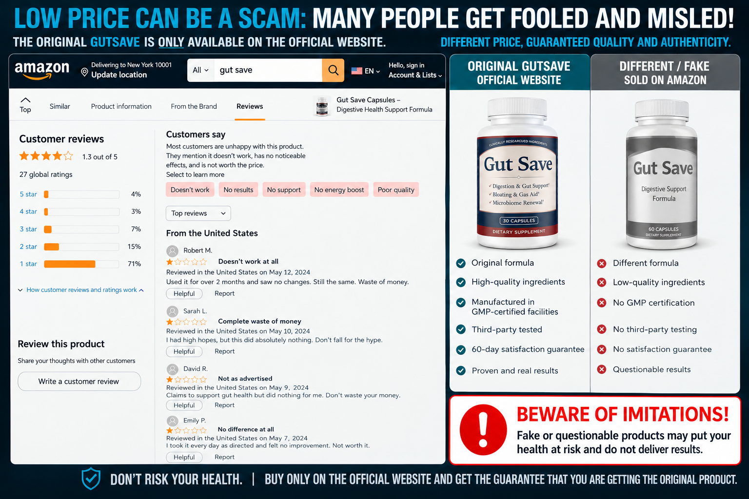 GutSave negative reviews and imitation warning