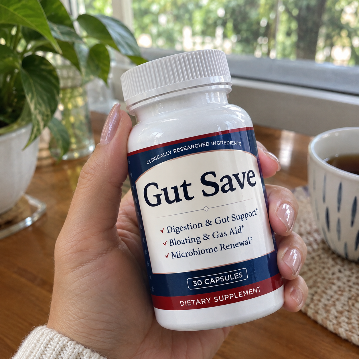 GutSave bottle next to a morning coffee