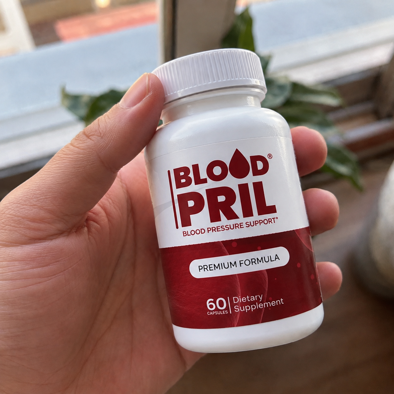 Hand holding a bottle of BloodPril