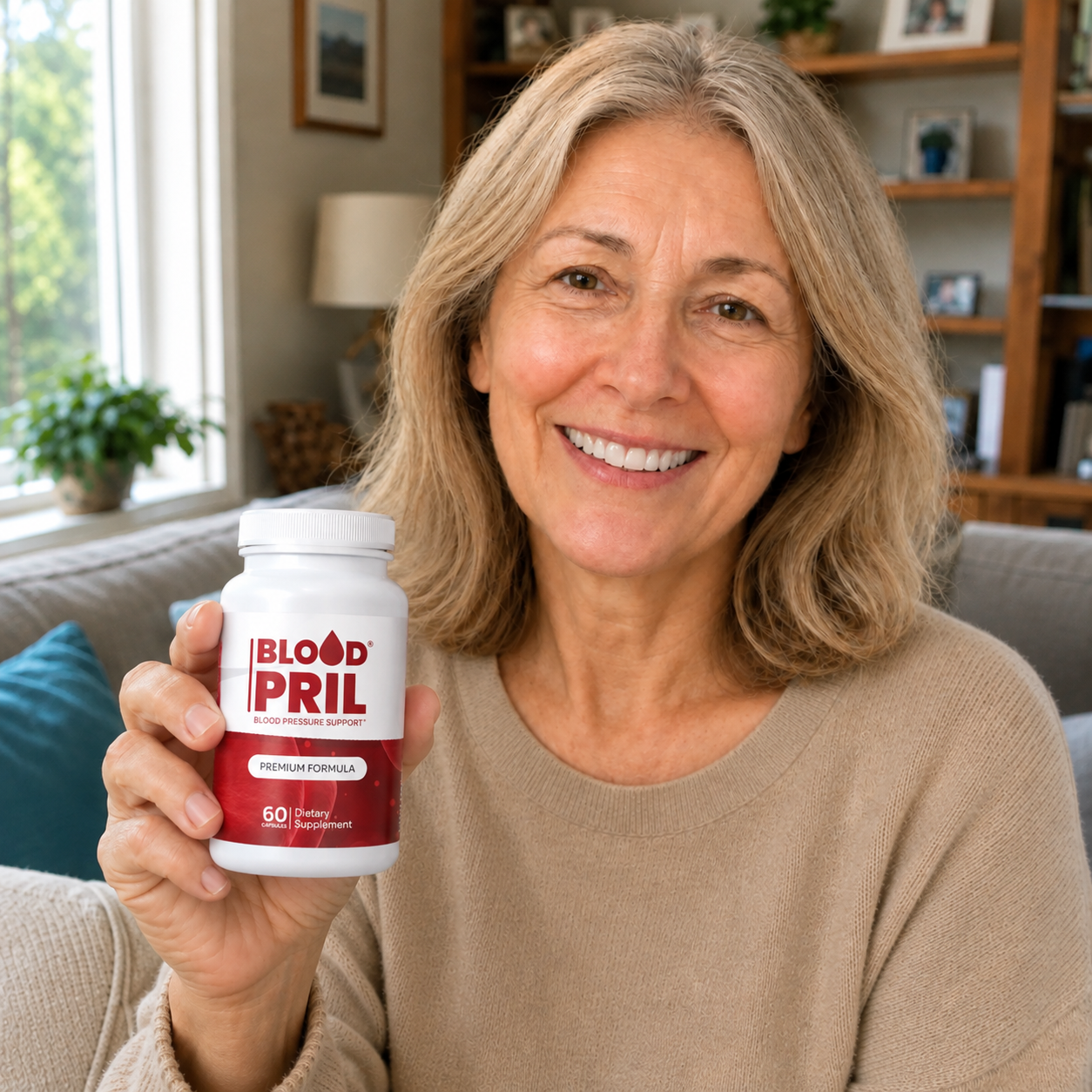 Karen T. smiling with a bottle of BloodPril