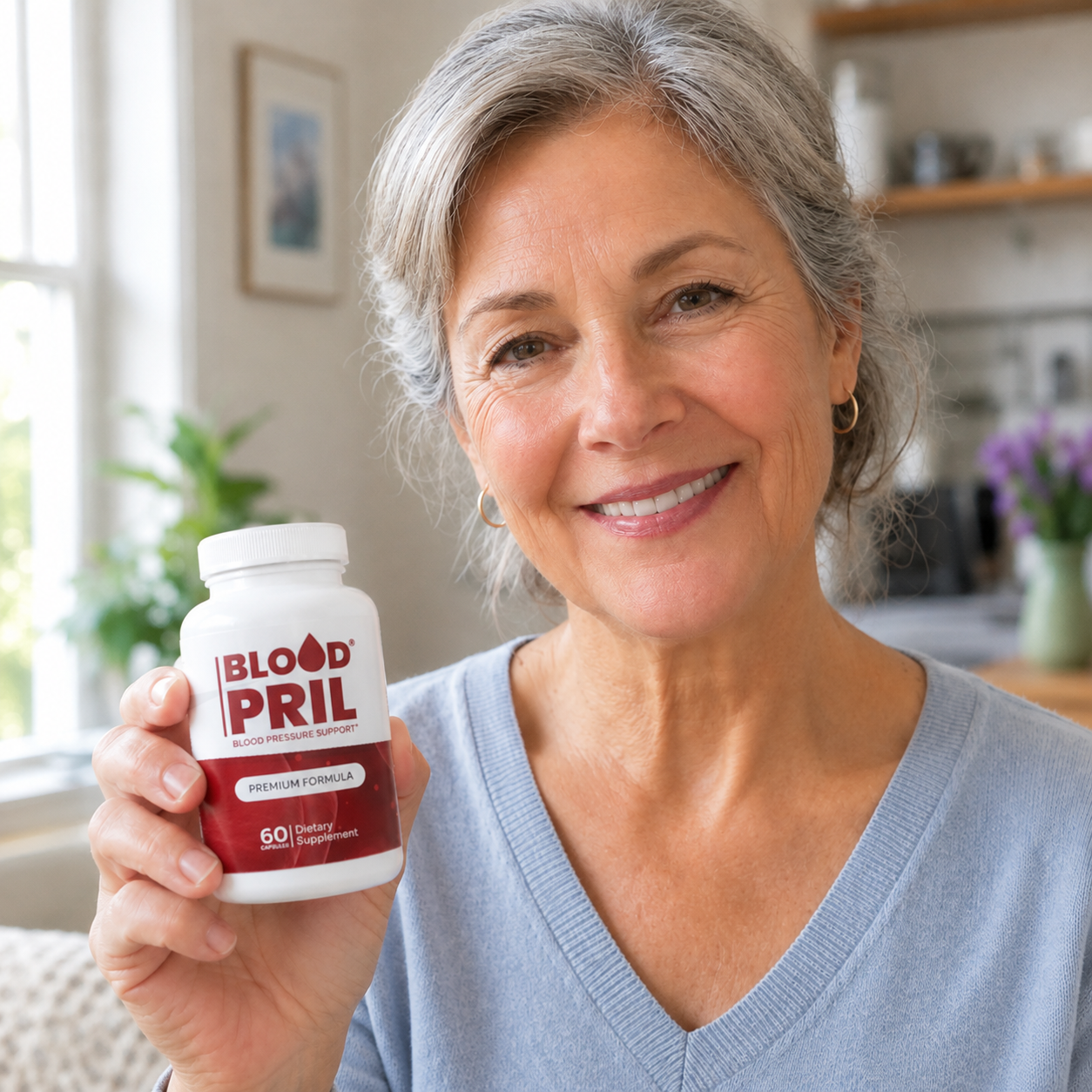 Linda S. smiling with a bottle of BloodPril