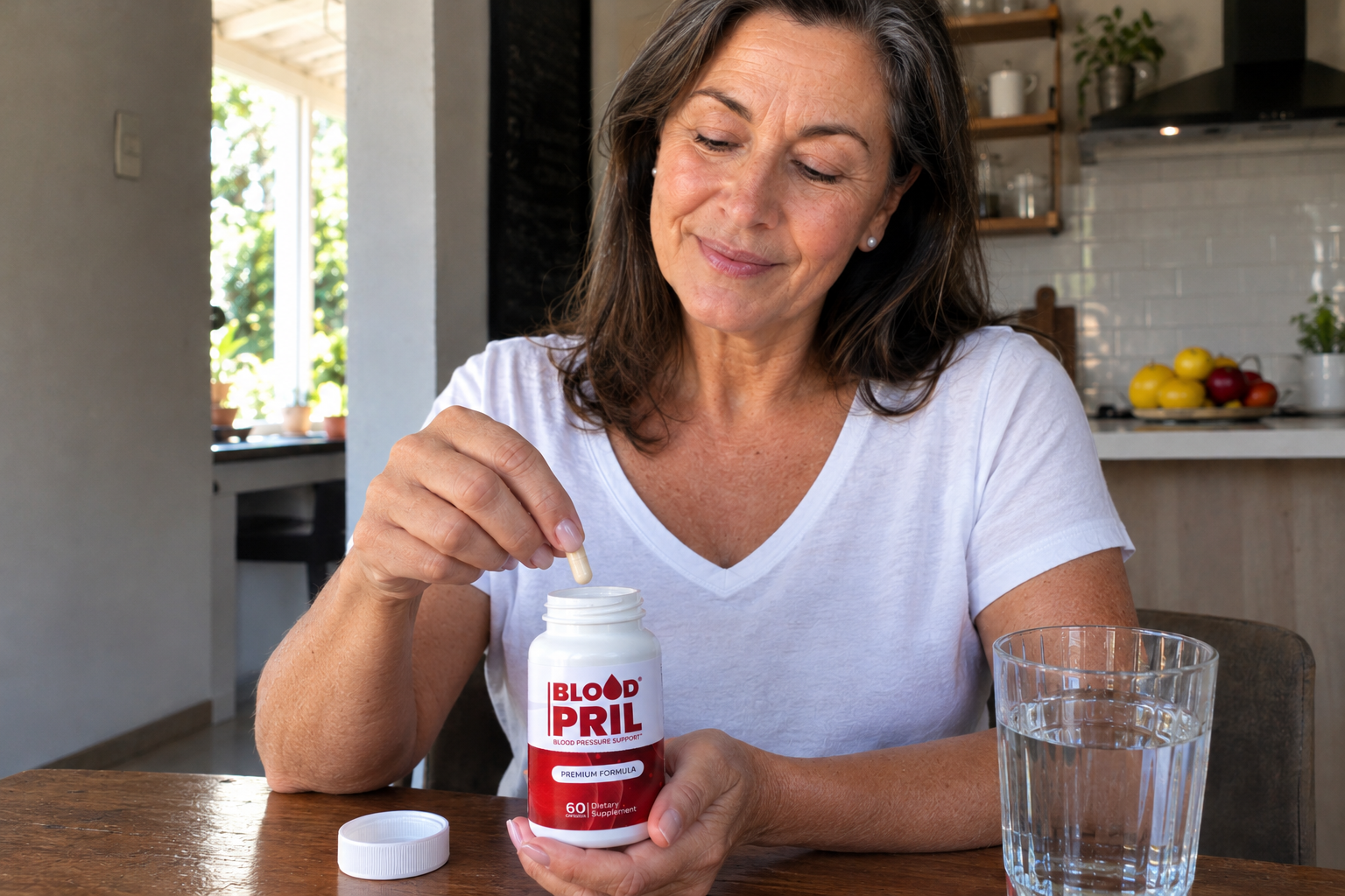 Woman taking her morning supplement in the kitchen
