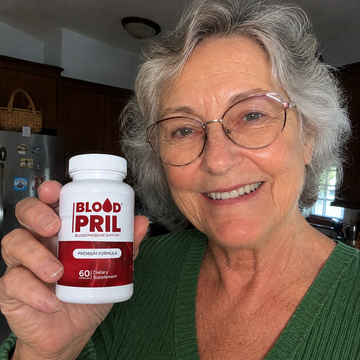 Dolores M. holding BloodPril in her kitchen
